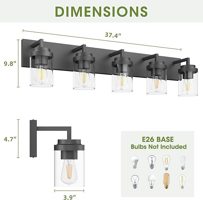 Espird Modern 5-Light Black Bathroom Vanity Light with Clear Glass Shade, 37.4 x 4.7 x 6 inches