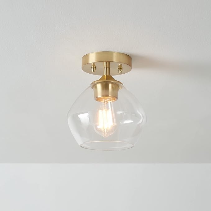 Globe Electric Harrow 1-Light Semi-Flush Mount Ceiling Lighting, Matte Brass, Clear Glass Shade