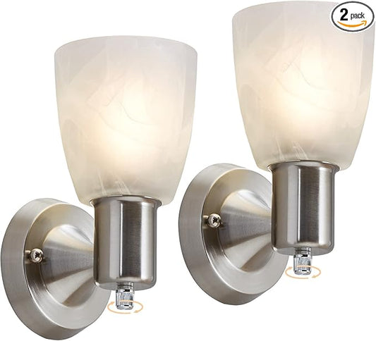 EJIAXIN Wall Sconces Set of 2, Brushed Nickel Vanity Lights for Bathroom, Modern Wall Light Fixtures with Rotary Switch, Wall Mount Light with Frosted Glass, Farmhouse Lamp for Bedroom Living Room