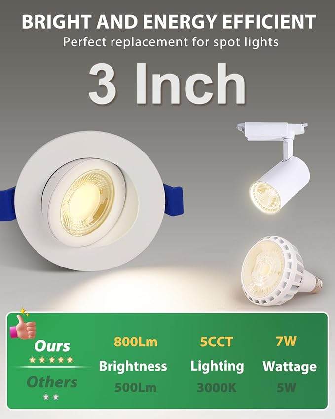 zouzai 3 Inch 5CCT Gimbal Led Recessed Lighting with Junction Box, 2700K/3000K/3500K/4000K/5000K Selectable, 7W Eqv 80W, 360°+90° Adjustable Recessed Lights, 800LM Brightness - ETL (White, 6 Pack)