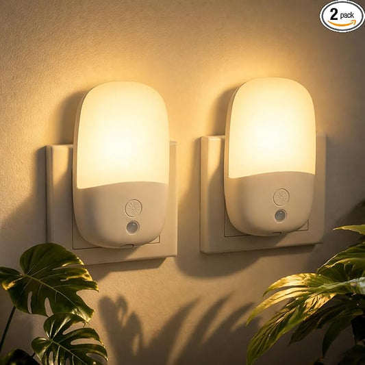 echosari Night Lights Plug into Wall, 2 Pack Dimmable Night Light with Dusk to Dawn Light Sensors, Warm White LED Nightlights for Bathroom Bedroom Kitchen Hallway Stairs