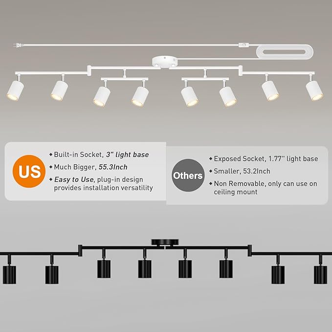 Track Lighting Plug in, LED Track Lighting Fixtures Ceiling Kit, White 8-Light Ceiling Light Plug-in, Wall Light with 15ft Power Cord, Rotatable Kitchen Spotlight for Bedroom(GU10 Socket, NO Bulb)