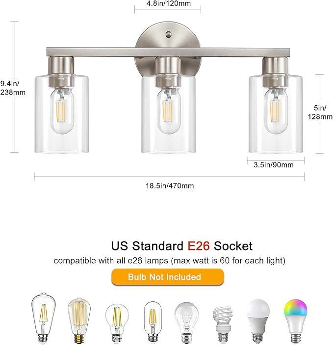 Brushed Nickel Bathroom Light Fixture 3-Light Bathroom Vanity Light Brushed Nickel 3 Light Vanity Lights for Bathrrom with Clear Glass Shades for Living Room Bedroom(E26 Socket)