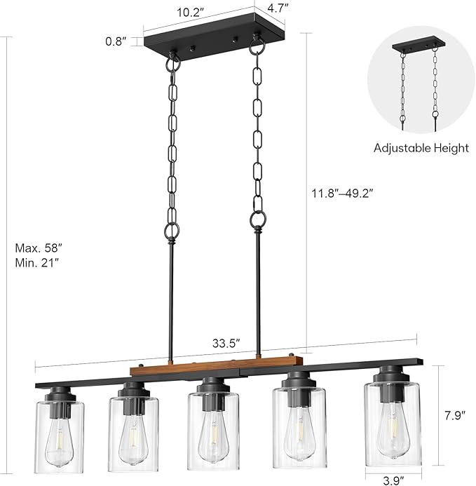 VONLUCE Dining Room Light Fixture Over Table, 5-Light Kitchen Island Lighting with Glass Shade and Adjustable Rods, Farmhouse Linear Chandelier Pendant Light for Kitchen Living Room, Matte Black