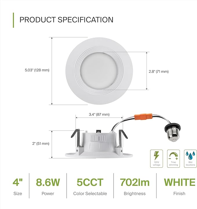 ASD 6 Pack 4 Inch Retrofit LED Recessed Light - 9W 2700K-5000K 700LM Retrofit LED Recessed Lighting 4 Inch, Dimmable Recessed Lights, Wet Rated Baffle Trim Can Lights, UL