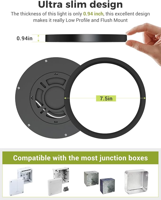 hepside 12PACK LED Flush Mount Ceiling Light, 3CCT Selectable 3000K-4000K-6500K & 100W Equivalent Modern Kitchen Recessed Ceiling Lamp 15W 1500Lm 7.5 Inch for Bathroom Closet Laundry Bedroom Hallway