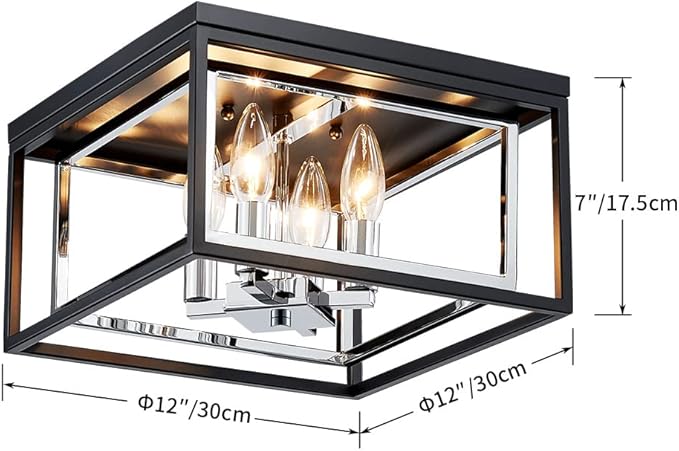 AGV LIGHTING CL035S Modern Flush Mount Ceiling Light Fixture, Square Ceiling Light, E12 Base 3-Lights, L12 x W12 x H7, Matte Black & Chrome Finish