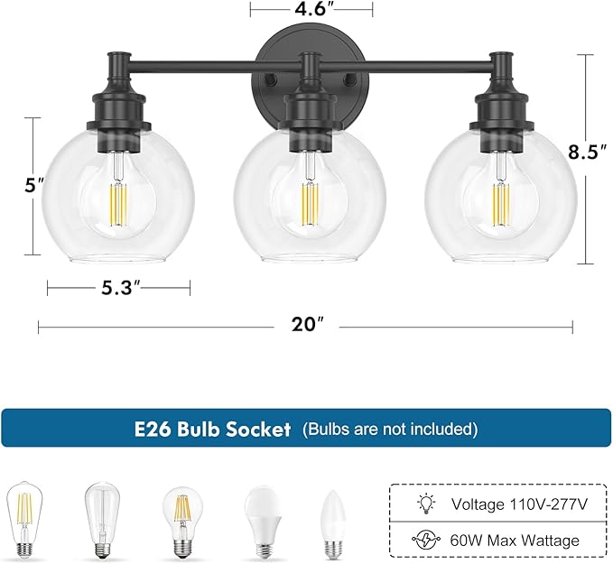 Bathroom Light Fixtures, 3-Light Matte Black Vanity Light Globe Glass Shades, Bathroom Lighting Fixtures Over Mirror, Wall Sconces for Master Bathroom, Guest Bathroom, Powder Room, 20-inch