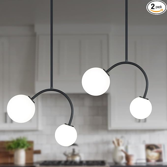Modern Pendant Light Fixtures, 4.72" Milk Glass Pendant Lights Kitchen Island, Matte Black Kitchen Island Chandeliers for Dining Room, 2 Round Globe-2 Pack,G9 Bace(Bulb Not Included)