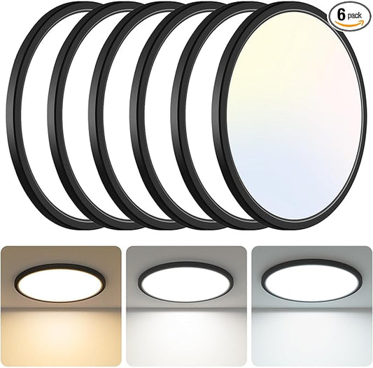 libtit 13 Inch Black Flush Mount Ceiling Light,6 Pack 3200LM 28W Ultra-Slim LED Ceiling Light,3000K/4500K/6000K Selectable Low-Profile Ceiling Light Fixture for Bedroom, Kitchen, Hallway, Workshop