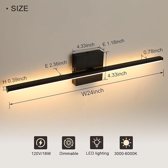 Modern Bathroom Vanity Light 24 Inch, 18W Black Bathroom Light Fixture Over Mirror, Dimmable 5CCT LED Wall Sconce Lighting for Restroom Mirro