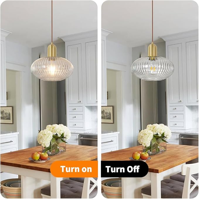 Lxybcce Mid Century Gold Pendant Light, Modern Globe Pendant Lights Kitchen Island, Minimalist Ribbed Island Light with Clear Glass, Adjustable Hanging Light Ceiling Hanging Lamp for Dining Room