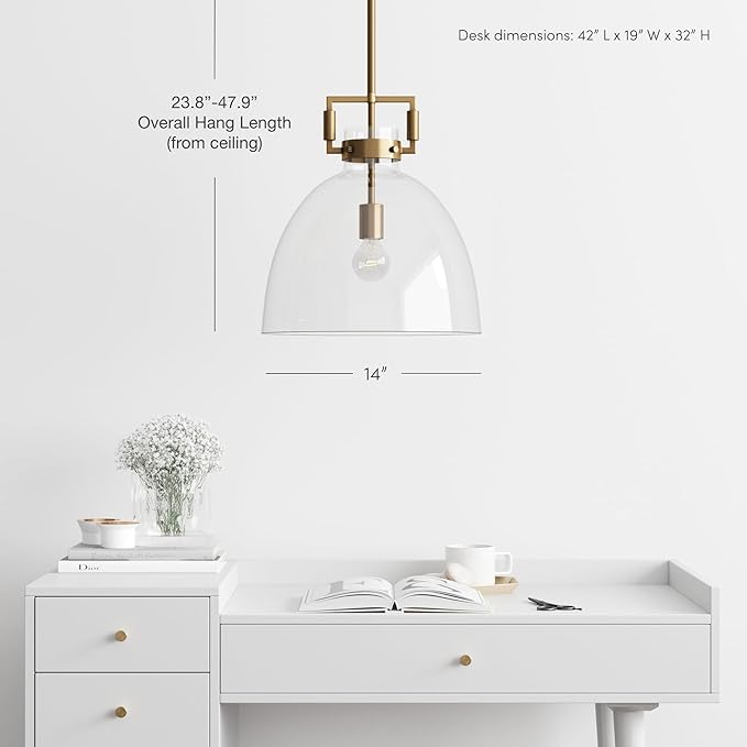 Nathan James Leigh Pendant Lighting, Hanging Ceiling Light with Oversized Glass Shade and Adjustable Cord, for Kitchen Island or Entryway, Vintage Brass/Clear