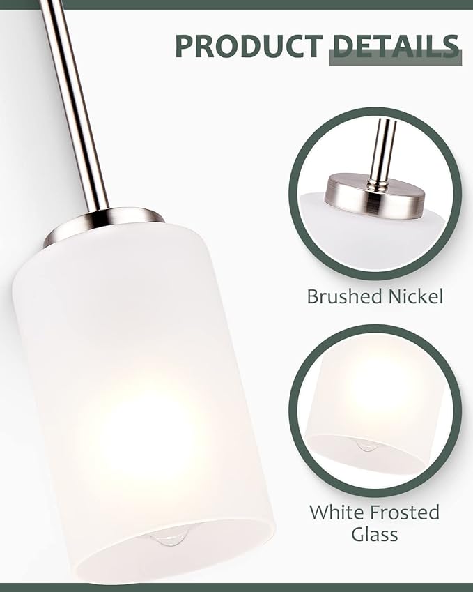 1-Light Mini Pendant Light Fixtures, Industrial Chandelier Hanging Ceiling Light with Opal White Shades, Adjustable Height, Brushed Nickel Pendant Lighting for Kitchen Bedroom Hallway, 3 Pack