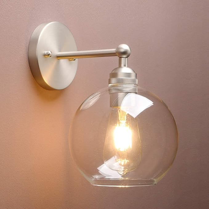 Yosoan Brass Boho Vanity Bathroom Wall Sconce, 1-Light Indoor Hardwired Wall Mounted Vintage Industrial Fixture Lights with Double Hole Round Glass Lamp for Mirror, Living Room, Hallway(Brushed)