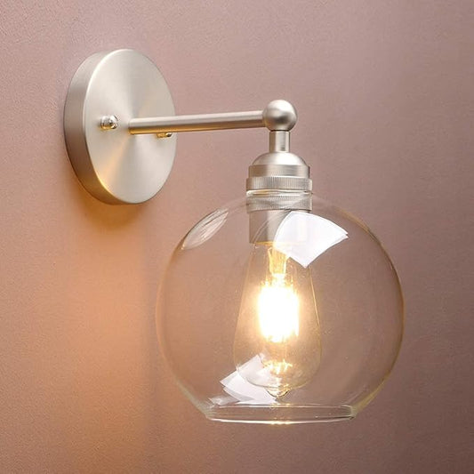 Yosoan Brass Boho Vanity Bathroom Wall Sconce, 1-Light Indoor Hardwired Wall Mounted Vintage Industrial Fixture Lights with Double Hole Round Glass Lamp for Mirror, Living Room, Hallway(Brushed)