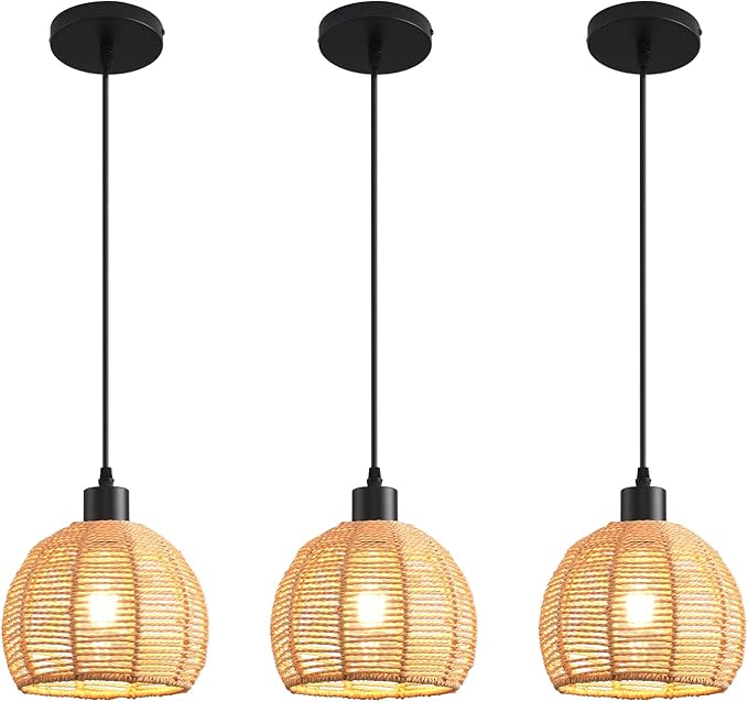 Woven Pendant Light Boho Chandelier, Rattan Pendant Lights Kitchen Island, Farmhouse Pendant Lighting with Hand Woven Wicker Shade, Boho Chandelier Light Fixtures Ceiling Hanging Light