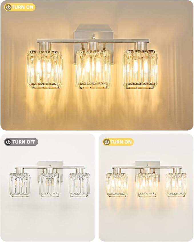 OKELI 3-Light Bathroom Light Fixtures, Modern Brushed Nickel Crystal Wall Light for Bathroom,Lighting Fixtures Over Mirror