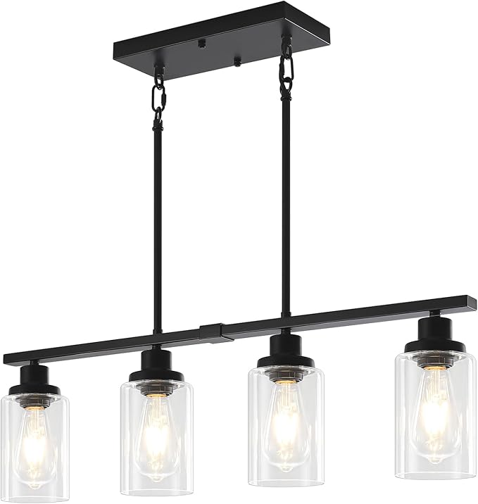 Modern Island Lights for Kitchen Black Dining Room Light Fixtures Over Table 4-Light Farmhouse Linear Chandelier Adjustable Hanging Kitchen Lights Ceiling Clear Glass Pendant Lighting Over Island