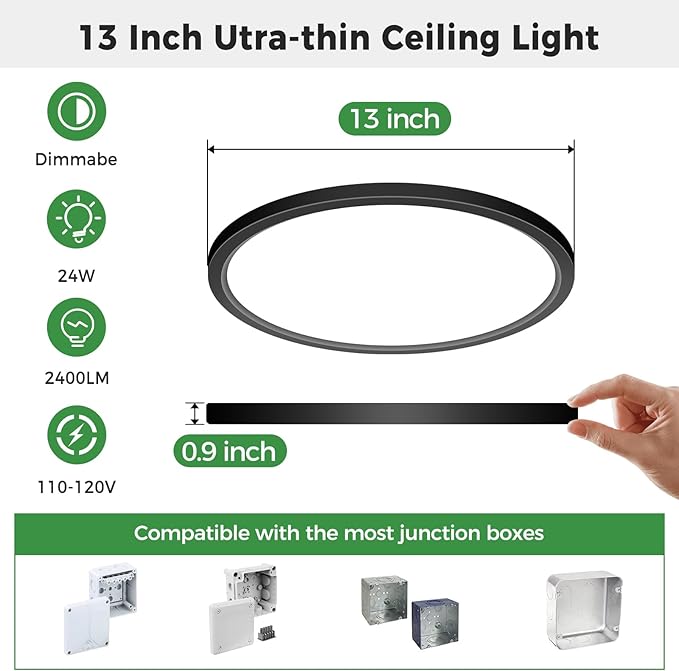 zemty 1Pack 13 inch Black LED Flush Mount Ceiling Lights, Dimmable 5 Color Temp (3000K-6500K), 24W 2400LM Bright Round Light Fixture for Kitchen Bathroom Bedroom Office