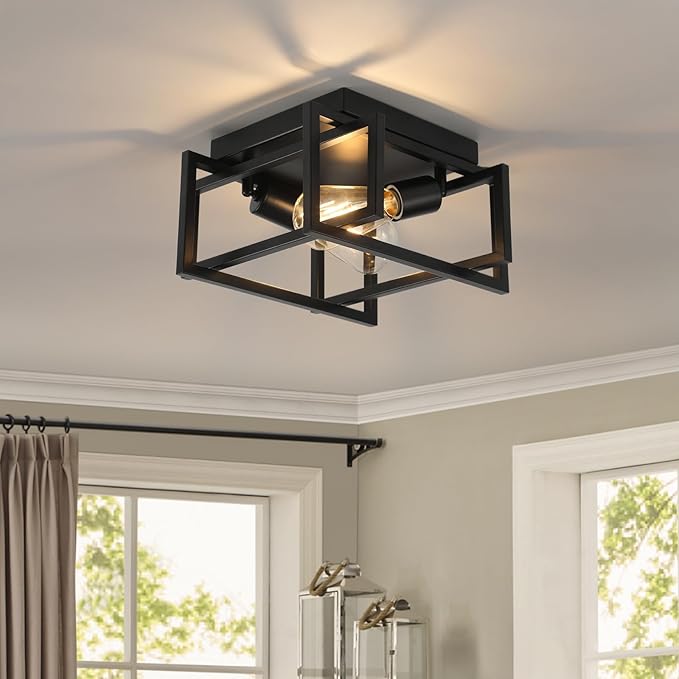 WILON Black Ceiling Light Fixture, Modern Square Semi Flush Chandelier Ceiling Lamp for Kitchen Dining Room Bedroom Laundry Room Living Room (2 Lights)