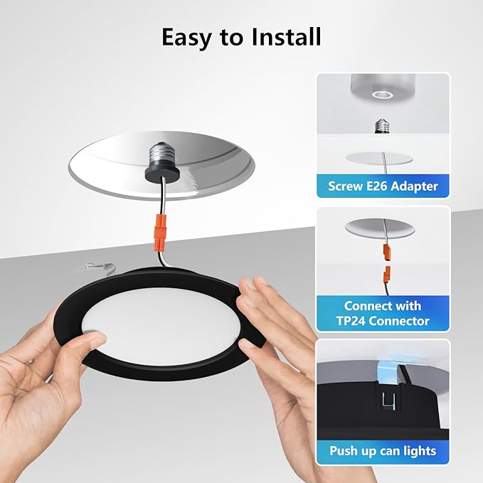 LVWIT 4 Inch Black LED Recessed Lighting, Slim Can Lights, 6W=85W,700LM,5CCT Color Selectable, Dimmable Downlight with E26 Conversion Kit, 12 Pack,IC Rated