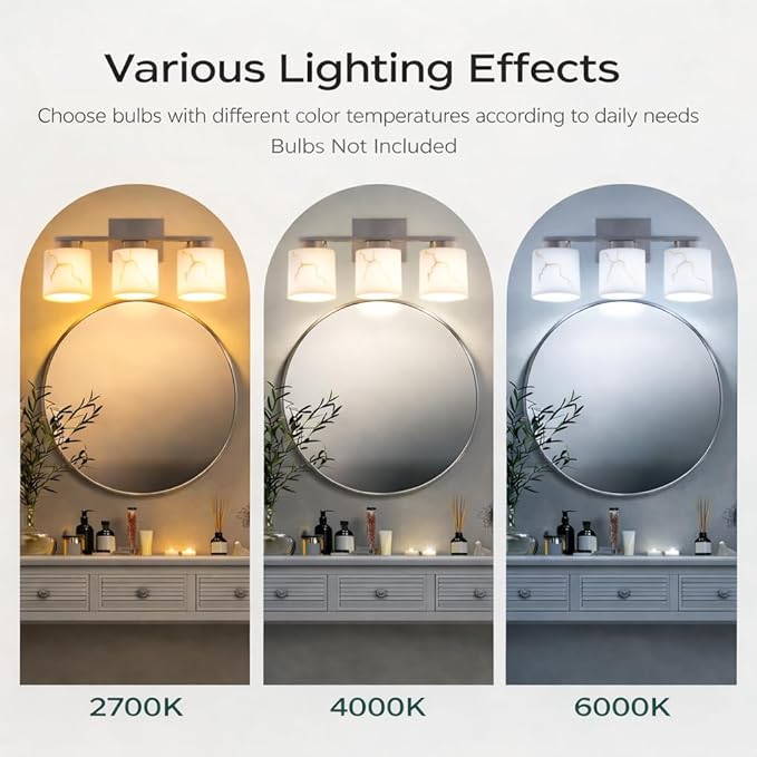 3-Light Brushed Nickel Bathroom Light Fixture, Modern Bathroom Vanity Light Over Mirror with White Marble Glass Shade, Wall Mounted Sconces Lighting for Bedroom Cabinet Kitchen Living Room