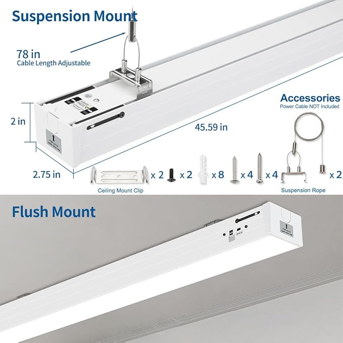 DAKASON 4FT Linkable LED Linear Light, 50W/40W/30W, 3/4/5000K CCT Selectable, Commercial Linear Lighting Fixture for Office, Workshop, Dimmable Suspended/Flush Mount Ceiling Light, White 4 Pack