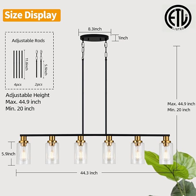 Island Light for Kitchen, 6-Light Farmhouse Dining Room Light Fixture with Clear Glass Shade, 44.3'' Matte Black and Gold Linear Chandelier Pendant Lighting for Dining Table Kitchen Living Room