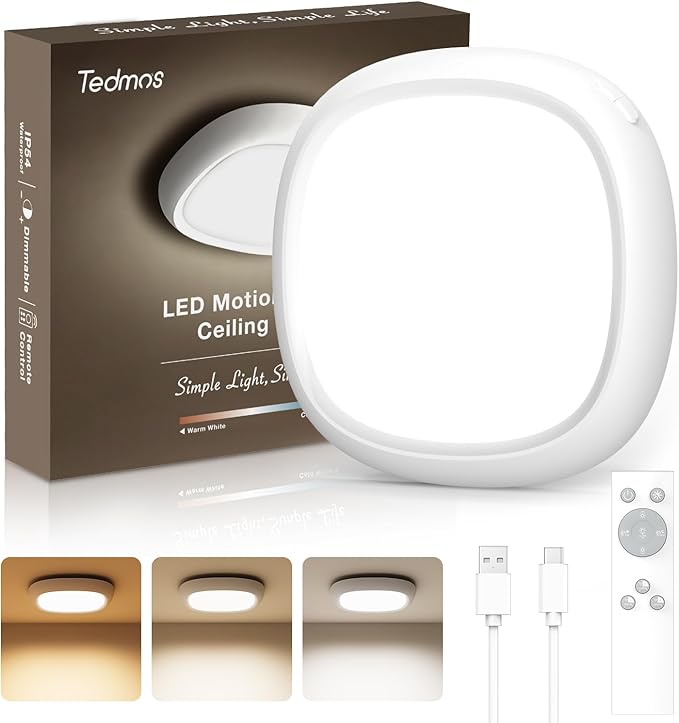 Rechargeable Shower Light for Inside Shower, 12000mAh Motion Sensor Wireless Ceiling Light with Remote No Wiring, Battery Operated Closet Lights Cordless LED Overhead Lighting for Pantry Bathroom