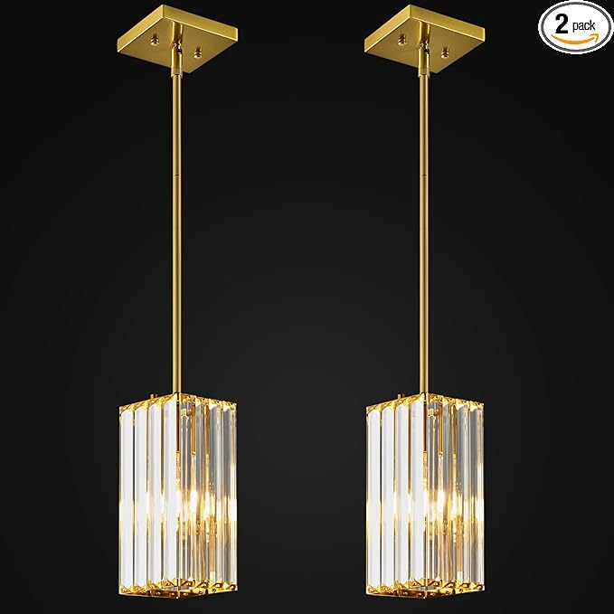 Modern Pendant Light Gold Rectangle Pendant Lighting Mini Crystal Chandeliers Adjustable Pendant Light Fixture for Kitchen Island Dinning Room Living Room Corridor Bedroom(Gold 2-Pack)