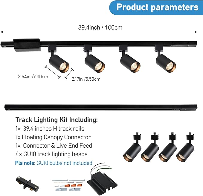 4-Light LED Track Lighting Kit with 3.3FT H Track Lighting Rails & Floating Canopy Connector, GU10 Track Light Kit, Modern Kitchen Track Lighting Fixtures Ceiling Spot Light, Black (No Bulbs)