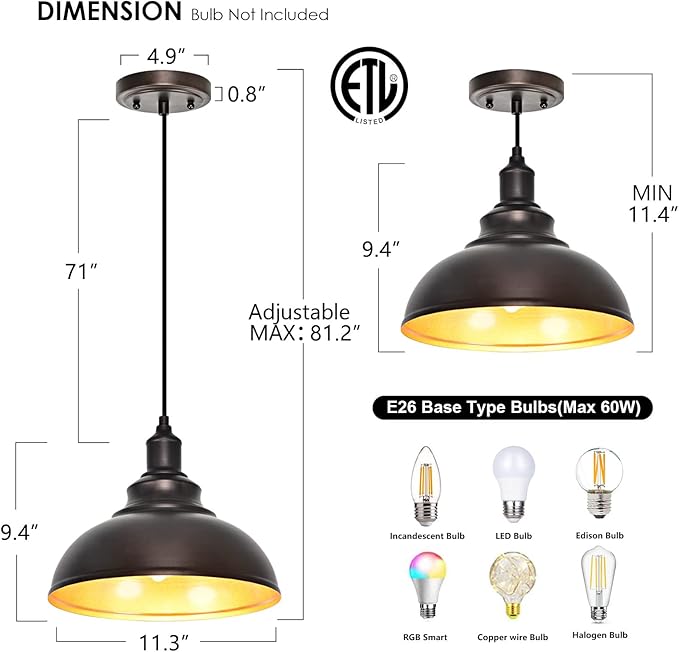 3-Pack Farmhouse Pendant Light Adjustable Pendant Lighting for Kitchen Island Industrial Hanging Barn Pendant Lights Over Island Sink Light Fixtures