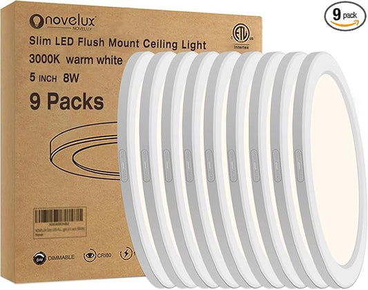 Flush Mount Ceiling Light Fixture - ETL Certified - 5 Inch Dimmable 3000K Warm White LED, 0.63'' Ultra Thin Round Design for Bedroom, Bathroom, Kitchen, Hallway, Basement, Closet (9-Pack)‌