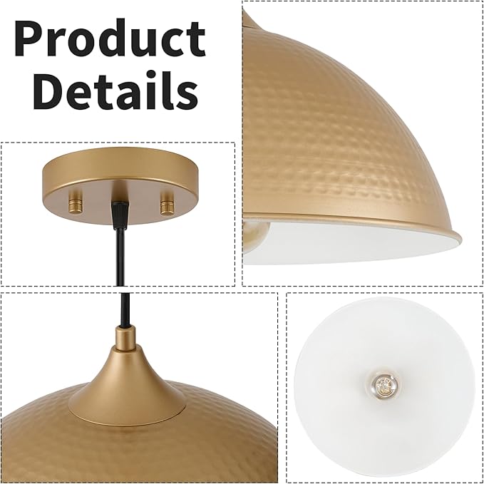 Pendant Lights Kitchen Island, 12" Gold and White Dome Pendant Light Vintage Industrial Hanging Light Fixtures for Dining Room Restaurant Cafe Entryway