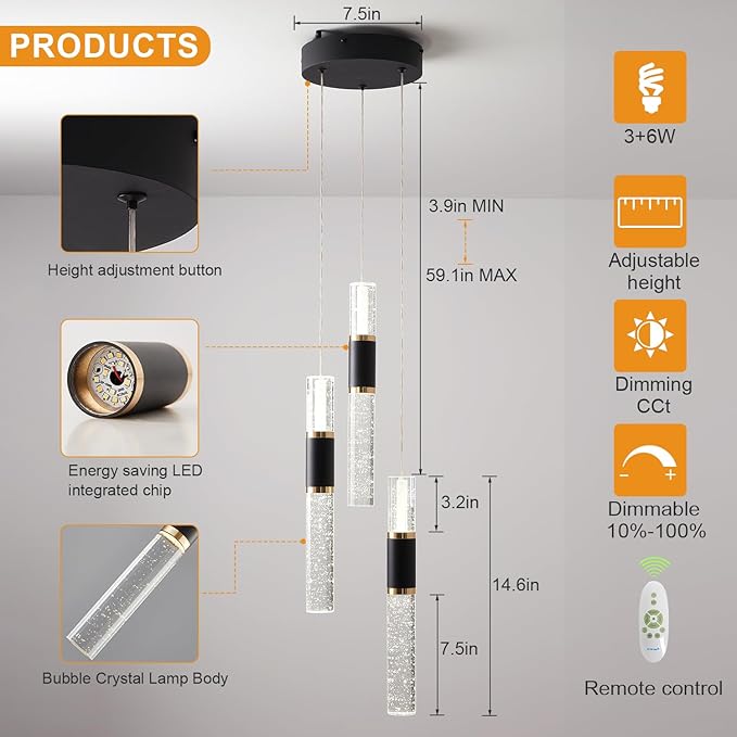 3-Light Pendant Light Kitchen Island, Dimmable Modern Pendant Light Kitchen Island Light Fixture with Remote Controller Luxury Led Chandelier for Dinning Room 3000K-6500K