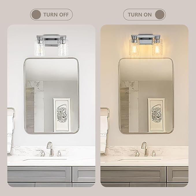 2-Light Bathroom Light Fixtures Modern Chrome Vanity Lights with Water Ripple Glass Wall Sconces Over Mirror for Bathroom, Powder Room, Living Room