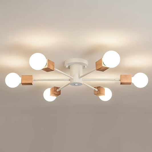 Boho 6-Light Sputnik Chandelier Semi Flush Mount Ceiling Light Fixture Farmhouse Wood and White Ceiling Lamp for Dining Room Living Room Bedroom Kitchen