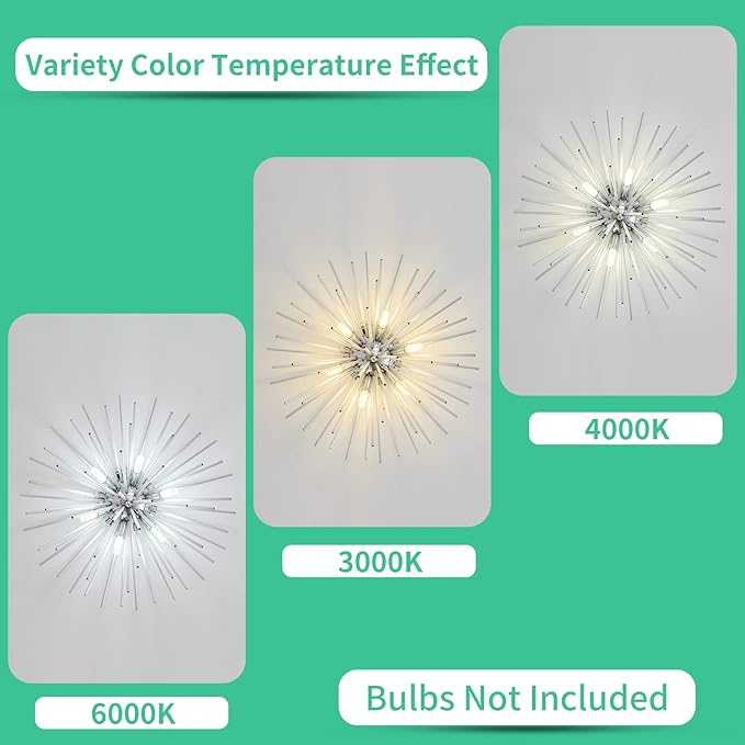 CM MZY Sputnik Flush Mount Ceiling Light Fixture, 6-Light Chrome Firework Ceiling Lights, 19.6" Modern Chandeliers Close to Ceiling Lamp for Bedroom Kitchen Hallway Entryway, G9 Socket