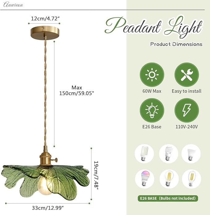 Green Glass Pendant Light Kitchen Flower Ceiling Light Fixture with Leaves Glass Shade, Mid Century Gold Hanging Light for Living Room Bedroom Dining Room, Set of 2