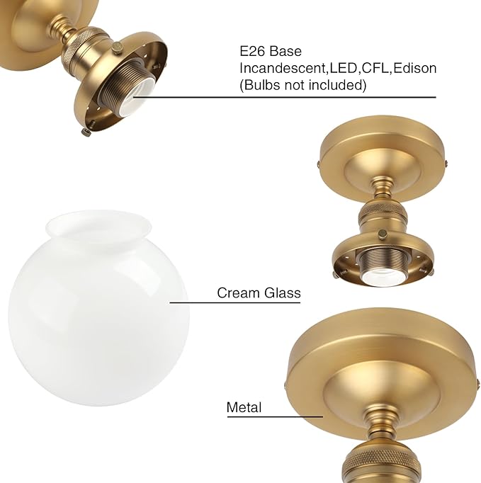 PERMO Morden Semi Flush Mount Ceiling Pendant Light Gold Ceiling Lights Hallway Fixtures with Milk White Globe Glass Lampshade 1-Light