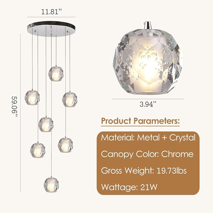 Cluster Pendant Light, Modern 7 Lights Chrome Crystal Chandelier, Bubble Raindrop Pendant Lighting 59" Long Light Fixture for Foyer Entryway Staircase