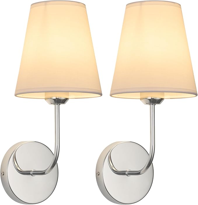 Modern Hardwired Wall Sconces, Set of 2 in Chrome with White Fabric Shades,Farmhouse Light, Living Room, Hallway, Bathroom, Vanity, or Staircase. Sleek, Versatile Lighting