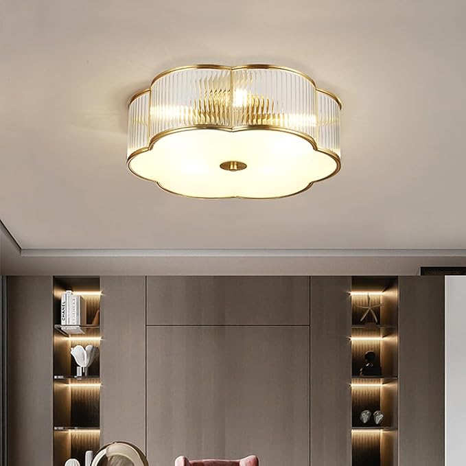 Modern Floral Flush Mount Ceiling Light,Art Deco Brass Ceiling Light,Gold Scalloped Light Fixture,Frosted Glass Ceiling Lamp for Hallway Bedroom Dining Room and Kitchen