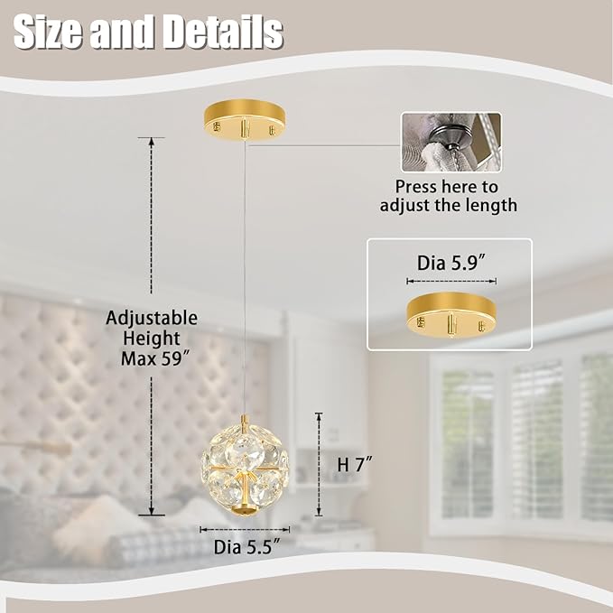 ykolupty Pendant Lights Kitchen Island Crystal Globe Chandelier LED Gold Island Light Crystal Pendant Light for Dining Foyer Entrance