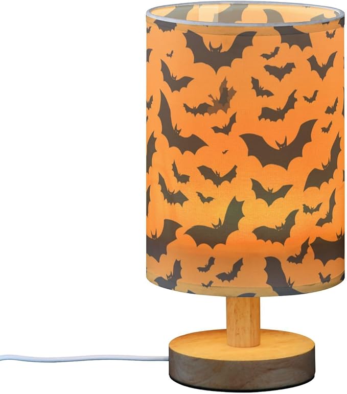Aslsiy Halloween Black Bat Orange Bedside Table Lamp Nightstand Lamp Night Light Fabric Shade for Bedroom Living Room Home Office
