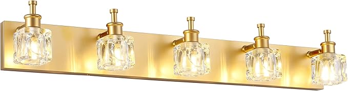 PRESDE Modern Crystal Vanity Light for Bathroom Gold 5 Light Bathroom Wall Light Fixtures Over Mirror