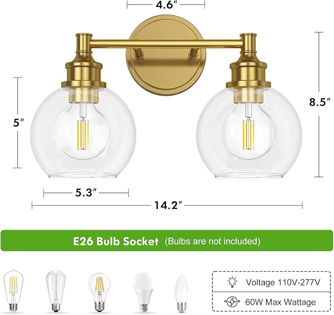 Bathroom Light Fixtures, 2-Light Brushed Gold Vanity Light Globe Glass Shades, Bathroom Lighting Fixtures Over Mirror, Wall Sconces for Master Bathroom, Guest Bathroom, Powder Room, 14-inch