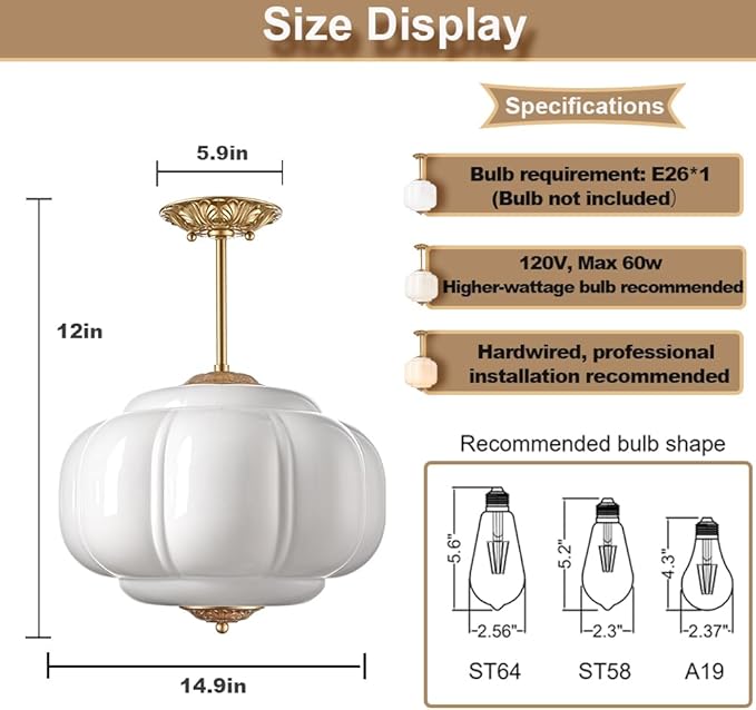 Vintage Milk Glass Ceiling Light Fixture, Antique White Semi Flush Mount Milk Glass Pendant Light, 15" Farmhouse Mid Century Ceiling Light for Kitchen Hallway Schoolhouse Dining Room Bedroom