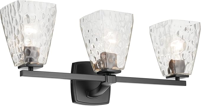 Kichler Marant 21.25" 3-Light Bathroom Vanity Light Fixture with Clear Water Glass in Black, Modern Wall Mount Over Mirror for Powder Room (21.25" W x 9.5" H), 55216BKWTR